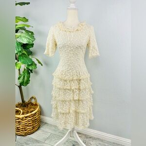 Vintage Pink House Ivory Lace Embroidered Floral Cottage Core Tiered Tulle Dress
